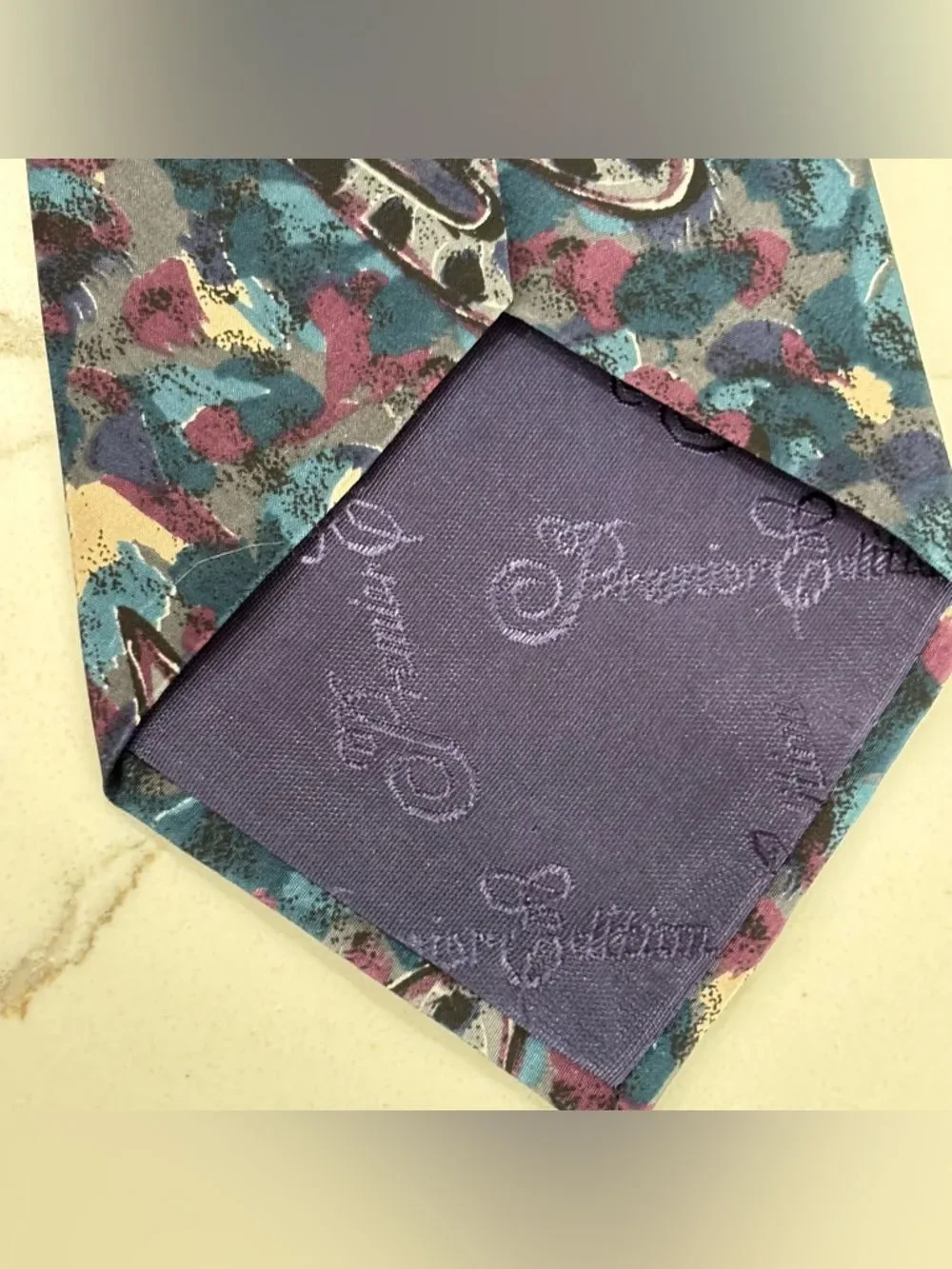 Vintage Kuppenheimer Premier Teal Blue Purple Paisley Abstract Pattern Silk Tie